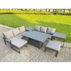 Fimous 6 Pieces Garden Furniture Set Aluminium Adjustable Rising Lifting Dining Table and Sofa Set with Side Table 2 Small Footstools Dark Grey