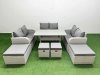 Fimous PE Rattan Lounge Sofa Set 10 Seater Outdoor Garden Furniture Set with Dining Table Love Sofa 2 Big Footstools 2 Small Stool Light Grey