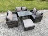 Fimous Rattan Garden Furniture Set 7 Seater Patio Outdoor Love Sofa Set with Rectangular Dining Table Big Footstool Dark Grey Mixed