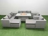 Fimous 10 Seat PE Rattan Lounge Sofa Set Outdoor Garden Furniture Set with Firepit Dining Table 3 Seater Sofa 2 Side Tables 2 Big Footstool Light Grey