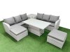 Fimous Outdoor Garden Furniture Sets 8 Seater Wicker Rattan Furniture Sofa Sets with Adjustable Lifting Dining or Coffee Table high Back Lounge Sofa 2 Big Footstool Side Table Light Grey