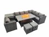 Fimous Garden Rattan Furniture Set 9 Seater Outdoor Corner Sofa Chair Gas Firepit Dining Table Set with 2 Small Stools Side Table Dark Grey