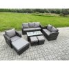 Fimous 9 Seater High Back Rattan Garden Furniture Set with Loveseat Sofa Rectangular Coffee Table 3 Footstools Indoor Outdoor Patio Lounge Sofa Set Dark Grey Mixed