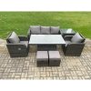 Fimous Wicker PE Rattan Outdoor Garden Furniture Set Height Adjustable Rising lifting Dining Table With Armchair Side Table 2 Small Footstools