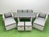 Fimous Patio Garden Furniture Sets with Black Glass Top Dining Table Armchair 3 Seater Sofa 2 Side Tables 4 Stools Light Grey