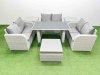 Fimous 7 Seater Patio Garden Furniture Sets with Black Glass Top Dining Table Love Sofa 2 Side Tables Big Stool Light Grey