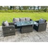 Fimous Dark Mixed Grey Rattan Outdoor Garden Furniture Lifting Adjustable Dining Or Coffee Table Sets Lounge Sofa Recling Chairs 5 Seater