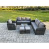 Fimous Outdoor Rattan Garden Furniture Set Conservatory Patio Sofa Coffee Table With Reclining Chair 2 Small Footstools Dark Grey Mixed