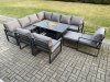 Fimous Aluminium 11 Seater Garden Furniture Outdoor Set Patio Lounge Sofa Gas Fire Pit Dining Table Set with 3 Chairs Big Footstool Dark Grey