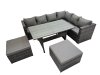 Fimous Rattan Garden Furniture Set Outdoor 8 Seater Patio Dining Corner Sofa Sets with Dining Table 2 Big Stools Dark Grey Mixed