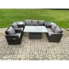 Fimous Wicker PE Rattan Outdoor Garden Furniture Sets Height Adjustable Rising lifting Dining Table Reclining Chair Sofa Set with 2 Side Tables Dark Grey Mixed