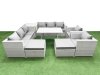 Fimous 10 Seater Garden Furniture Set PE Ratten Garden Sofa Set with Rectangular Dining Table 2 Big Stool Side Table Light Grey
