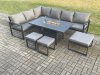 Fimous Aluminium 8 Pieces Garden Furniture Corner Sofa Set with Cushions Gas Fire Pit Dining Table Set with 3 Footstools Dark Grey