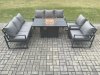 Fimous Aluminium 5 Pieces Garden Furniture Sofa Set with Cushions 8 Seater Gas Fire Pit Dining Table Set Dark Grey