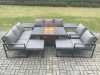 Fimous Aluminium Outdoor Garden Furniture Set Patio Lounge Sofa Gas Fire Pit Dining Table Set with 2 Side Tables 2 Big Footstools Dark Grey