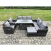 Fimous Garden Patio Furniture Wicker Rattan Gas Fire Pit Table and Sofa set with Recling Chair Big Footstool