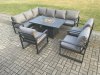 Fimous Aluminium Outdoor Garden Furniture Corner Sofa Gas Fire Pit Dining Table Sets Gas Heater Burner with 3 Chairs Dark Grey 9 Seater