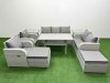 Fimous PE Rattan Garden Furniture Set Reclining Chair Sofa Double Love Seat 2 Seater Sofa Lounge Set Rectangular Dining Table 2 Big Footstool 2 Side Table Light Grey