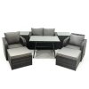 Fimous Outdoor Garden Furniture Set Rattan Sofa Dining Table Set with Reclining Chair 2 Big Footstool 2 Side Tables Dark Grey Mixed