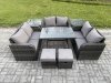 Fimous Outdoor Rattan Garden Furniture Set 8 Seater Patio Love Sofa Set with Rectangular Dining Table 2 Small Footstools 2 Side Tables Dark Grey Mixed