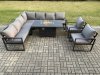 Fimous Aluminium 8 Pieces Garden Furniture Corner Sofa Set with Cushions Gas Fire Pit Dining Table Set Gas Heater Burner with 2 Chairs Dark Grey