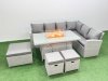 Fimous 9 Seat Rattan Garden Furniture Corner Sofa Set Outdoor Gas Fire Pit Table Set with 3 Footstools Light Grey