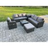 Fimous Outdoor Rattan Garden Furniture Set Conservatory Patio Sofa Coffee Table With Reclining Chair Big Footstool Side Table Dark Grey Mixed