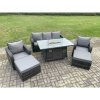 Fimous Rattan Outdoor Garden Furniture Sofa Set Gas Fire Pit Dining Table Gas Heater with 2 Big Footstool Dark Grey Mixed