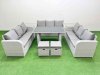 Fimous Patio Garden Furniture Sets with Black Glass Top Dining Table 3 Seater Sofa 2 Side Tables 2 Small Stool Light Grey