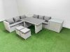 Fimous Rattan Garden Furniture Dining Set 8-seater Patio Rectangular Table Sofa Set with 2 Side Tables 2 Small Stools Light Grey