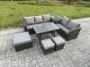 Fimous Rattan Garden Furniture Dining Set 8 seater Patio Rectangular Table 3 Footstools Love Sofa Side Table Dark Grey Mixed