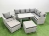 Fimous 9 Seater Garden Outdoor Rattan Furniture Set Rattan Corner Sofa Oblong Dining Table with Armchair 2 Big Footstools Light Grey Mixed