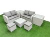 Fimous 6 Seater Outdoor Love Sofa Set Rattan Garden Furniture Set with Square Coffee Table 2 Small Stools 2 Side Tables Light Grey