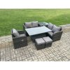 Fimous 7 Seater Rattan Furniture Garden Dining Set Outdoor Height Adjustable Rising lifting Table Love Sofa Chair With Side Table 2 Footstools