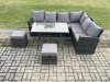 Fimous Outdoor Furniture Garden Dining Set Rattan Corner Sofa Set Rectangular Dining Table with Temper Glass 2 Small Footstools Dark Grey Mixed