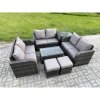 Fimous Outdoor Garden Furniture Sets 8 Seater Wicker Rattan Furniture Sofa Sets with Rectangular Coffee Table Love Sofa Side Table 2 Small Footstools Dark Grey Mixed