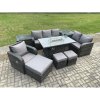 Fimous Garden Patio Furniture Wicker Rattan Gas Fire Pit Table and Sofa Chair set with 2 Side Tables 3 Footstool