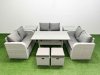 Fimous 8 Seater PE Wicker Rattan Furniture Sofa Sets with Rectangular Dining Table 2 Seater Love Sofa 2 Stool 2 Side Table Light Grey
