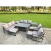Fimous 9 Piece Garden Furniture Set 11-Seater Aluminium Outdoor Dining Set with Adjustable Rising Lifting Dining Table & Cushions Side Table 3 Footstools Dark Grey