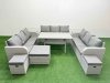 Fimous PE Rattan Lounge Sofa Set 12 Seater Outdoor Garden Furniture Set with Rectangular Dining Table 3 Seater Sofa 3 Stools 2 Side Table Light Grey