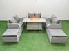 Fimous 8 Seater PE Wicker Rattan Furniture Sofa Sets with Firepit Dining Table 2 Seater Love Sofa 2 Big Footstool 2 Side Table Light Grey
