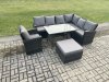 Fimous High Back Outdoor Garden Furniture Set Rattan Corner Sofa Dining Table Set With Armchair Big Footstool 8 Seater Dark Grey Mixed