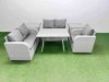 Fimous 5 Seater Outdoor Rattan Garden Furniture Set Love Sofa Reclining Chair Set with Rectangular Dining Table 2 Side Tables Light Grey