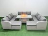 Fimous PE Rattan Lounge Sofa Set 11 Seater Outdoor Garden Furniture Set with Firepit Dining Table 3 Seater Sofa 2 Big Footstools 2 Side Table Light Grey