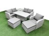 Fimous High Back Poly Rattan Garden Furniture Set with Reclining Chair Loveseat Sofa Adjustable Lifting Dining or Coffee Table Indoor Outdoor Patio Set 2 Big Stool Side Table Light Grey
