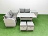 Fimous 6 Seater Outdoor Love Sofa Set Rattan Garden Furniture Set with Rectangular Dining Table 2 Small Stools 2 Side Tables Light Grey