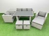 Fimous Patio Garden Furniture Sets with Black Glass Top Dining Table Armchair 3 Seater Sofa Side Table 3 Stool Light Grey