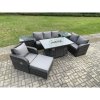 Fimous Garden Patio Furniture Wicker Rattan Gas Fire Pit Table and Sofa Chair set with 2 Side Tables Big Footstool