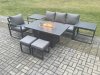Fimous Aluminium 7 Pieces Garden Furniture Sofa Set with Cushions Gas Fire Pit Dining Table Set with 2 Small Footstools 2 Side Tables Dark Grey