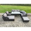 Fimous 9 Seater Garden Rattan Furniture Dining Table Sofa Set Indoor Outdoor with 2 Reclining Chairs Side Tables 2 Big Footstool Dark Grey Mixed